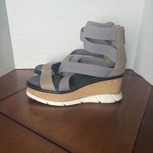 Sorel Joanie III Sport Strap Tan Grey Leather Wedge Platform Sandals 8